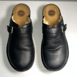 UGG Black Leather Slip-On Clogs